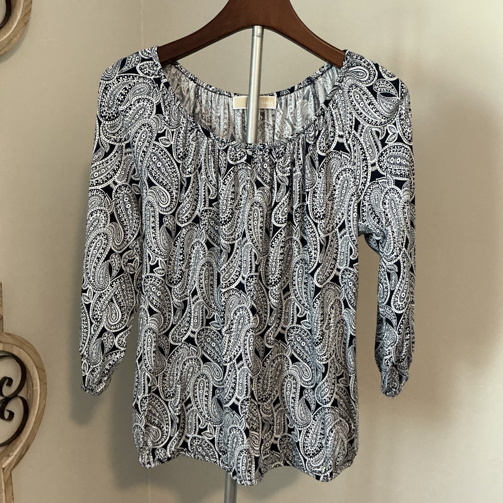 Michael Kors Navy Blue Paisley 3/4 Sleeve Top Sz S